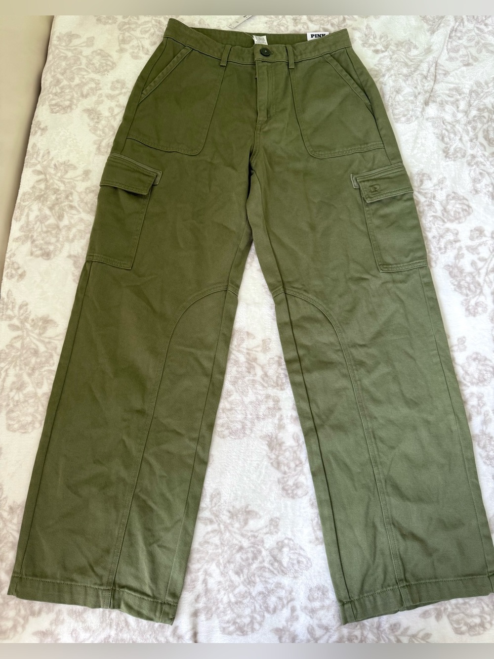 NEW Victoria's Secret PINK Cotton Utility Cargo Pant in Olive Green Wide Leg